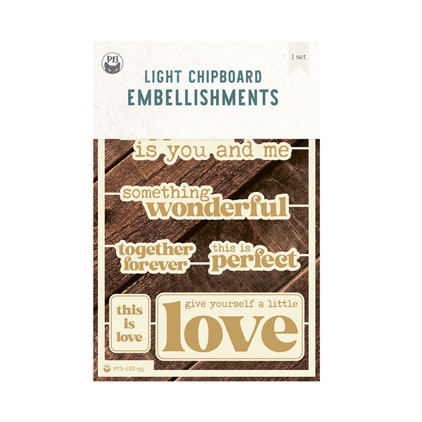 P13-LST-55 : Light chipboard embellishments  10 ENG, 4x6", 8pcs (Love Stories)