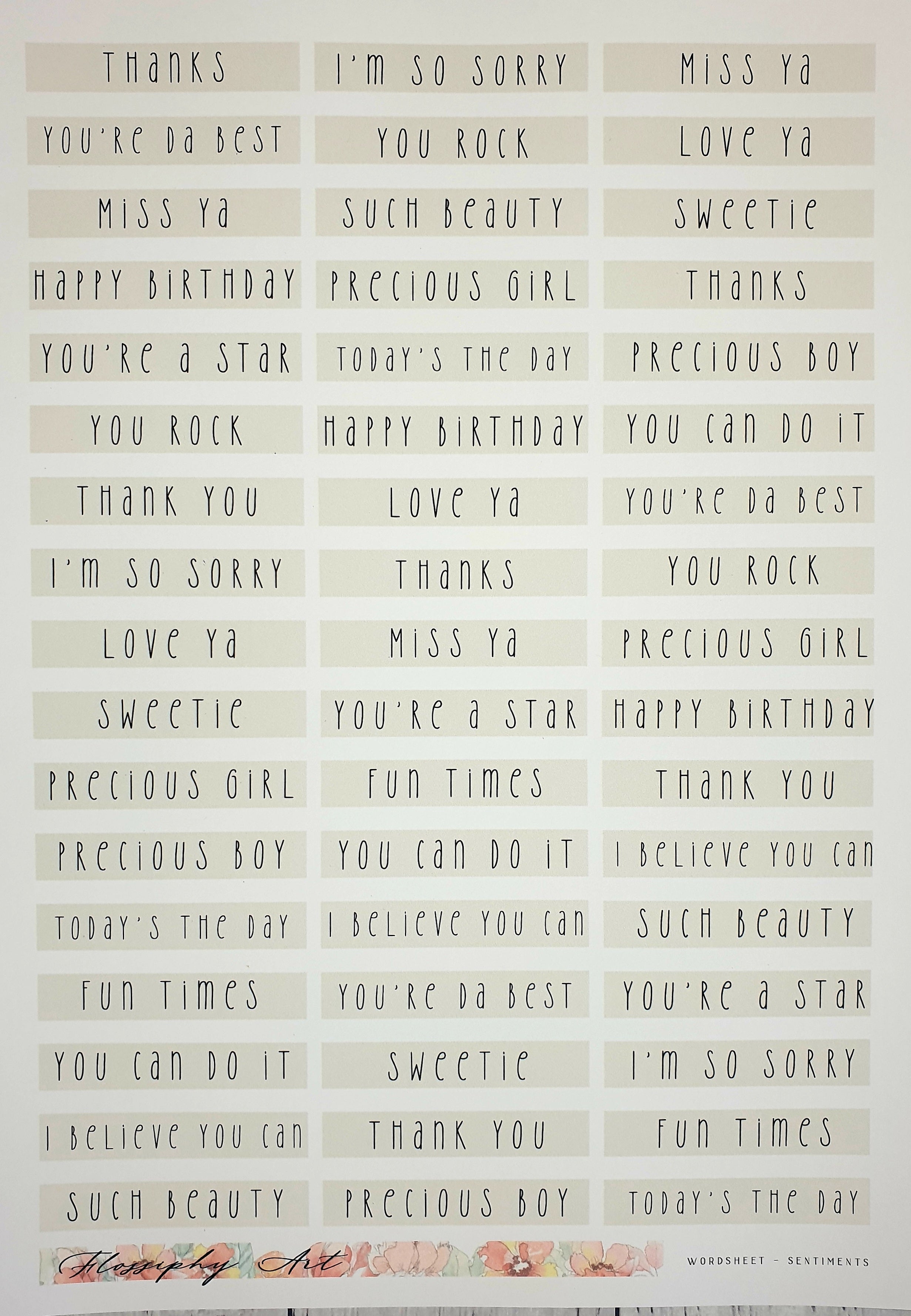 A4 General #1 Sentiment Sheets (Flossiphy) – Craftables